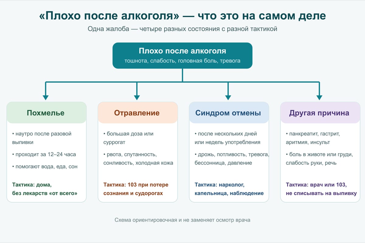 Схема: «плохо после алкоголя» — похмелье, отравление, синдром отмены или другая причина